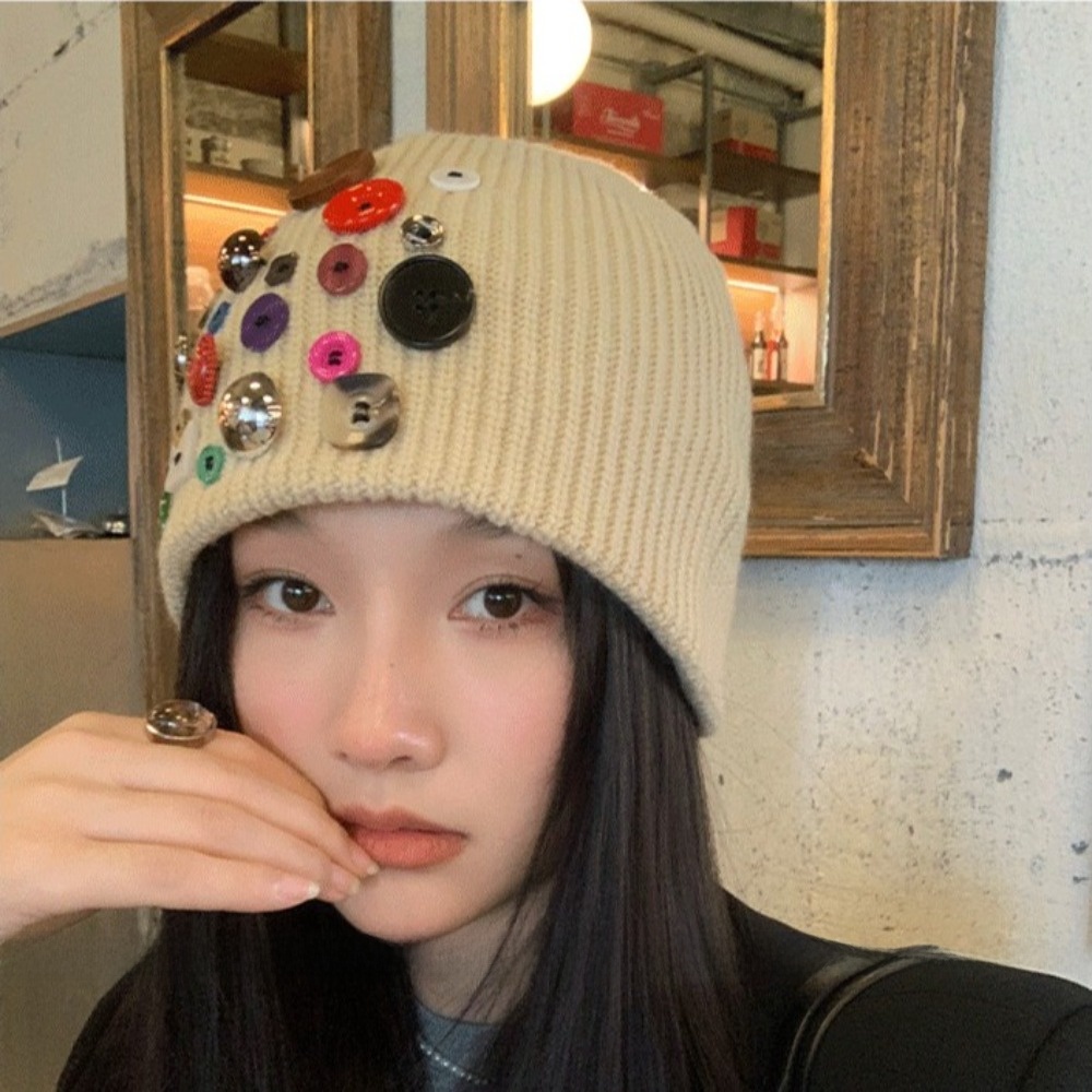 Colorful Button Beanie Hat Cuf - Beanie Cuffed Knit 评论和价格