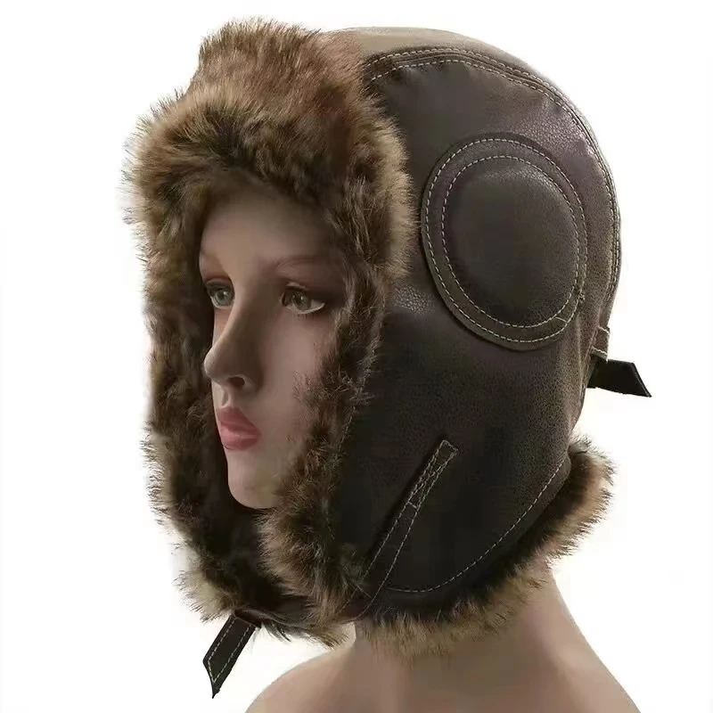 Leather SnowWint Cap With Ear  - Trapper Hat Ear Flap 评论和价格