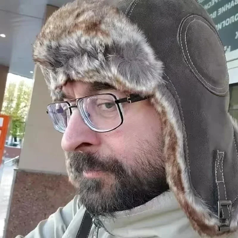 Leather SnowWint Cap With Ear  - Trapper Hat Ear Flap 评论和价格