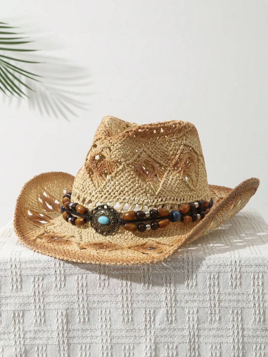 1Pcs Unisex Bead Decor Dyeing  - Cowboy Hat Straw 评论和价格