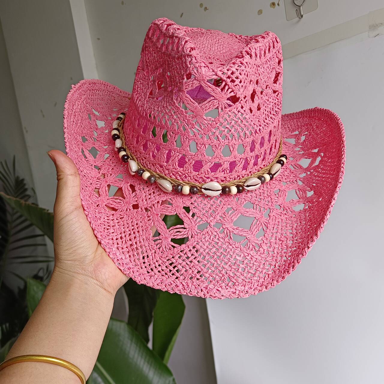 Pink Cowboy straw hat  hollow  - Cowboy Hat Straw 评论和价格
